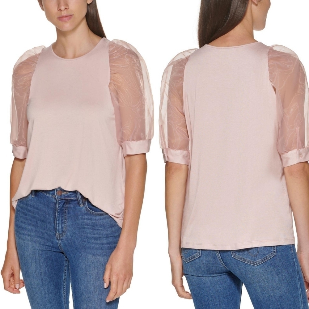 Calvin Klein Women's Pink Straight Hem Sheer Puff Sleeve Crewneck Blouse Medium
